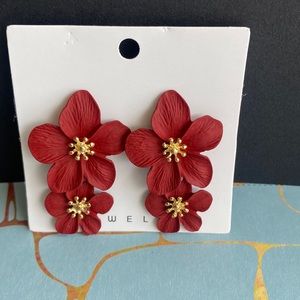 Flower Drop Dangle Statement Earrings - Garnet Red